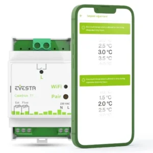 Elektri börsihinda jälgiv elektrikilbi termostaat DIN llistule kilpi nordpool wifi kontroller seade nutitermostaat Evesta Caladrius T1 boileri elektrikatla elektrituru turu hinda kaugjuhitav nord pool õhuanduriga elektrikilbi katla temperatuuri regulaator