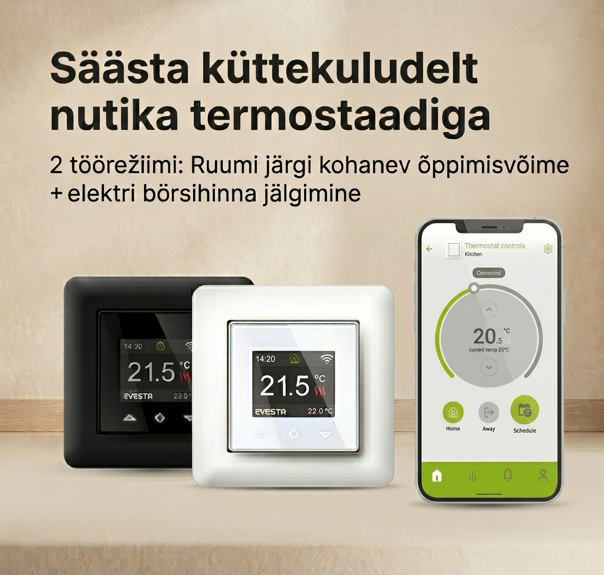 elektri turu börsihinda jälgiv tark põrandakütte termostaat temperatuuri regulaator nordpool nord pool nutitermostaat smart wifi Etherma Evesta adaptiivne ise õppiv nutikas kaugjuhitav jahutus IP21