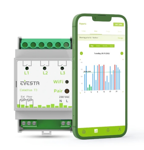kolmefaasiline termostaat wifi 3-faasilineEvesta Etherrma Calardius T3 temperatuuri regulaator